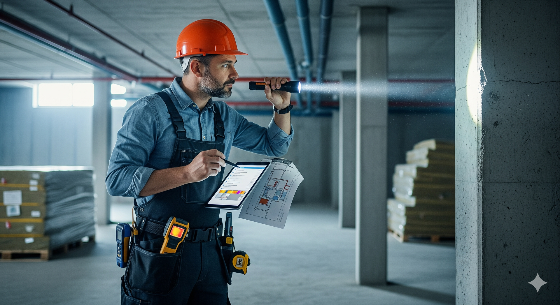 Chicago building inspections with inspector reviewing property plans inside a commercial building