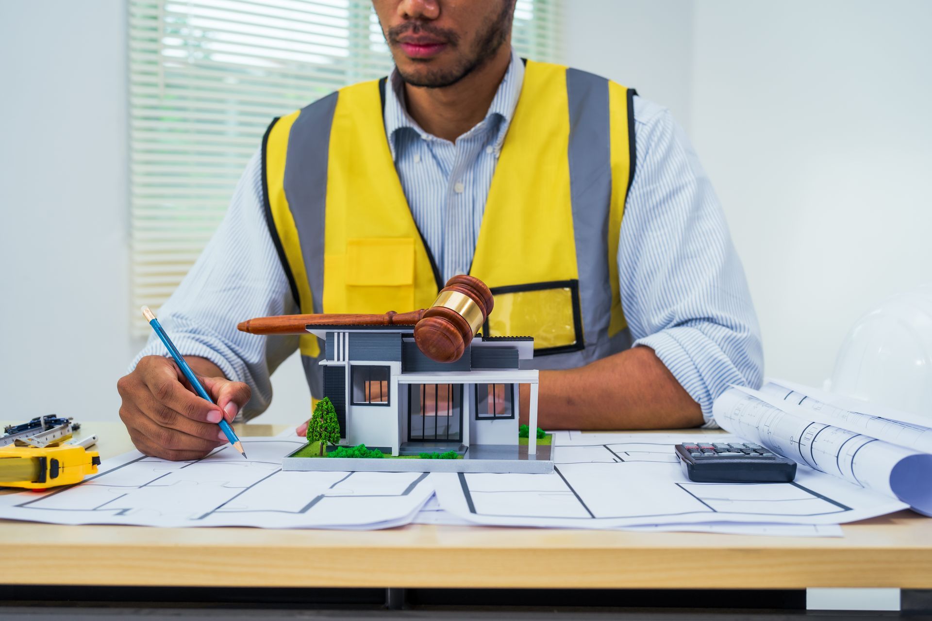 A man is sitting at a table with a model house and a judge 's gavel.