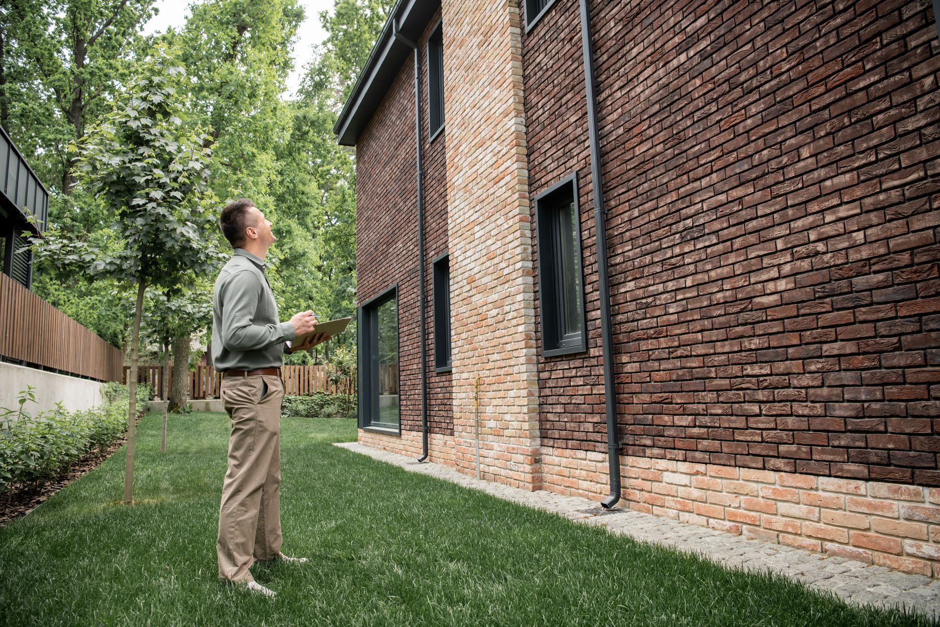 A man is standing in front of a brick building holding a clipboard.