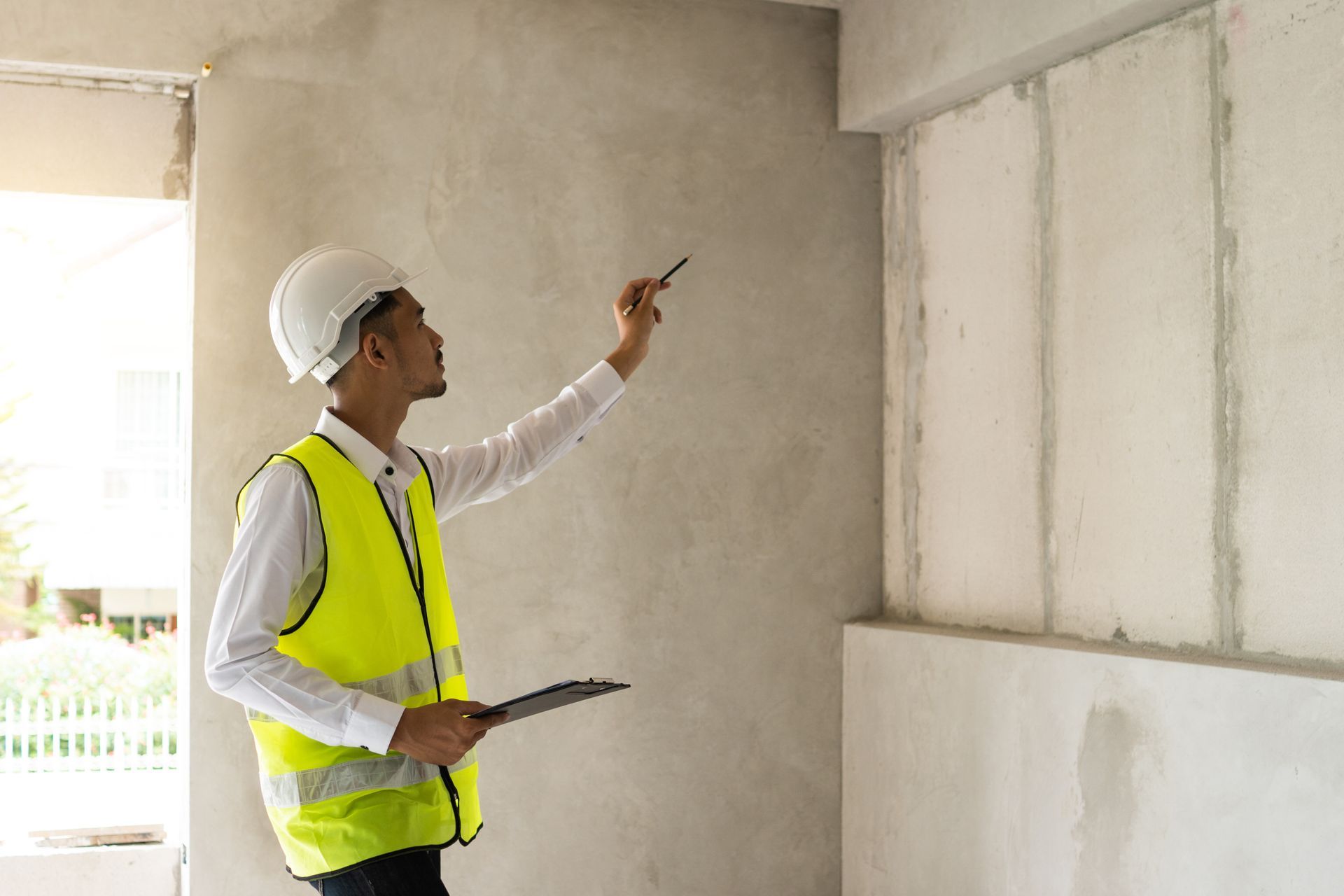 A construction worker is pointing at a wall while holding a clipboard.