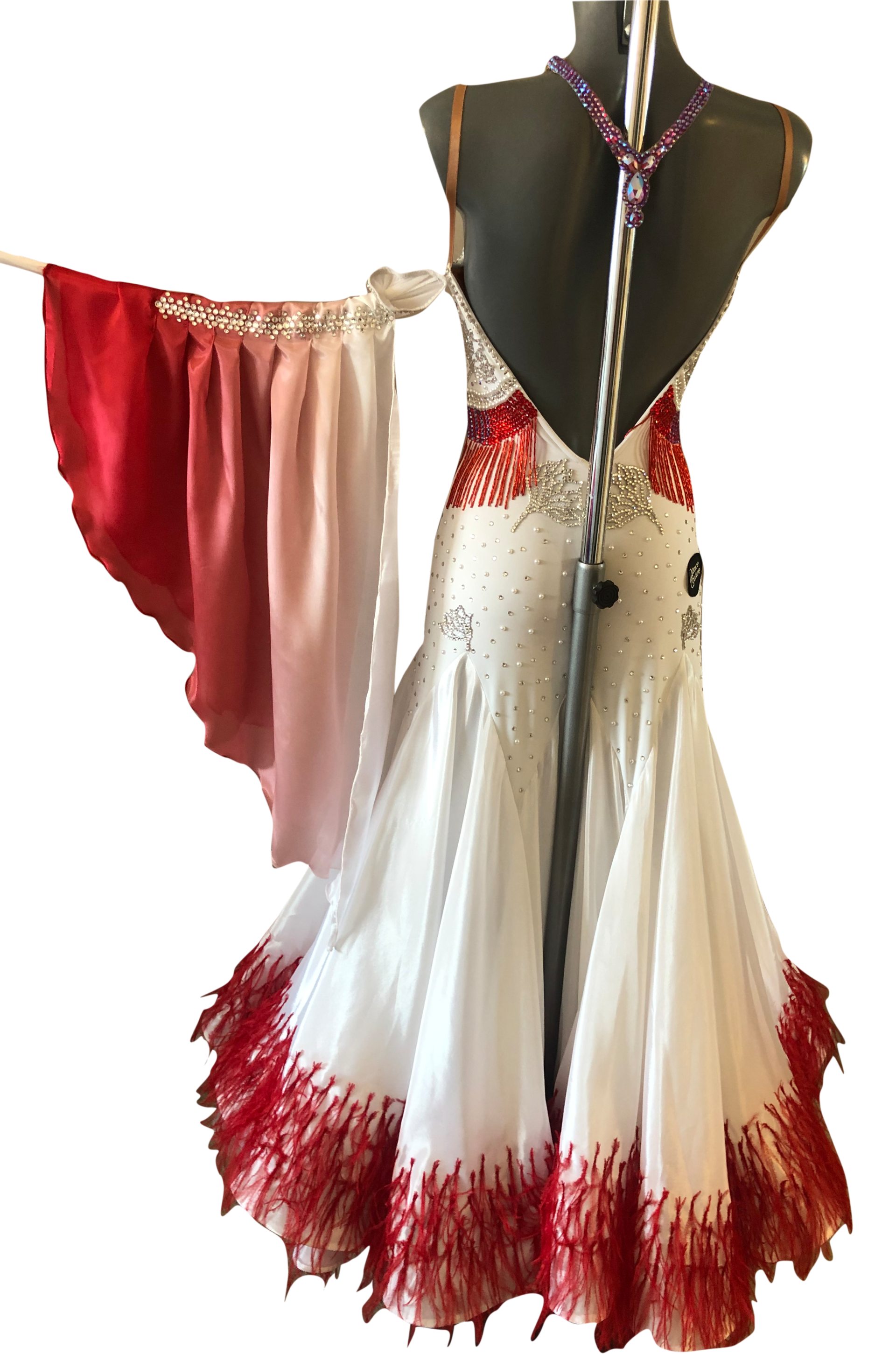 White and Red feather Ballroom Dress