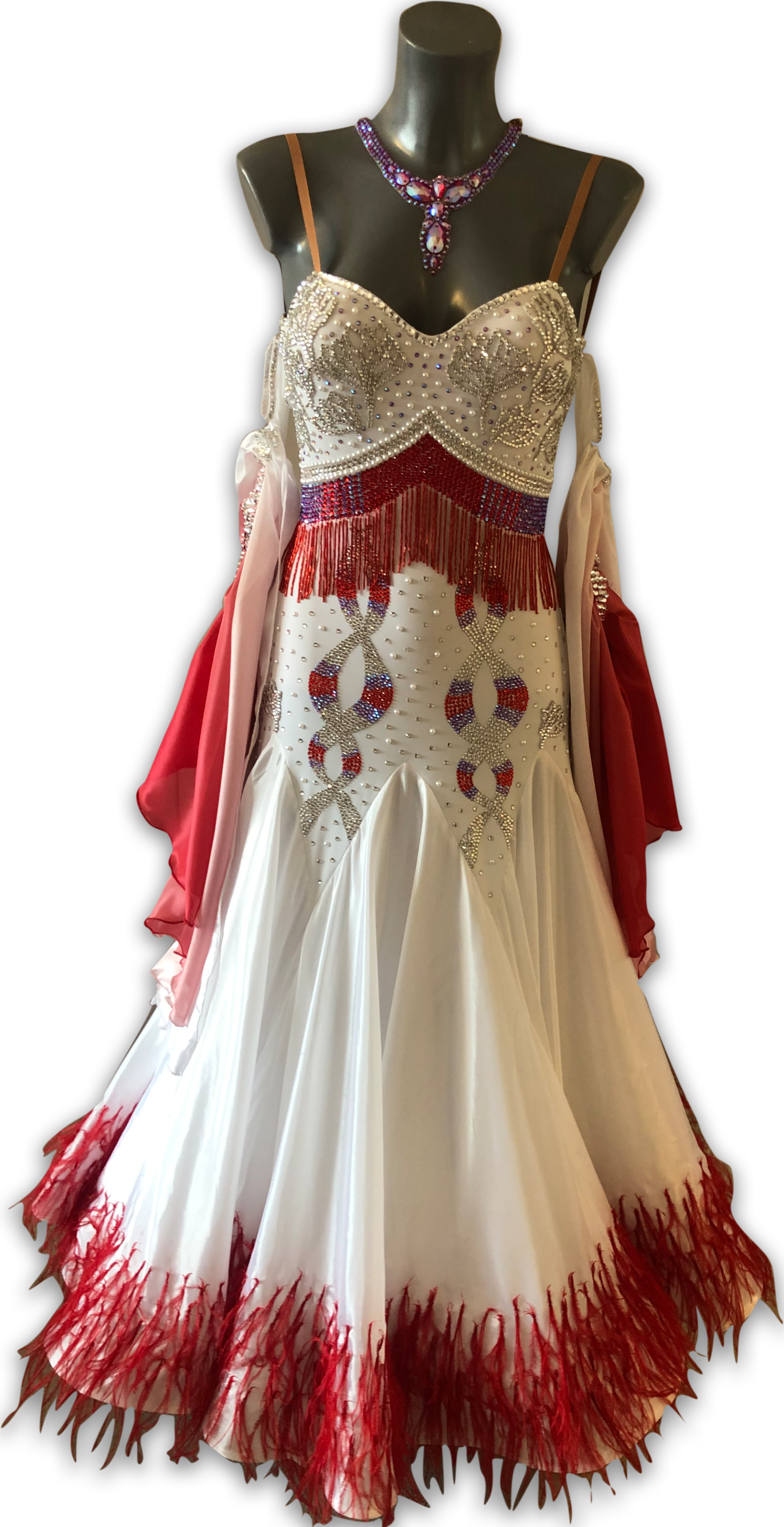 White and Red feather Ballroom Dress Front