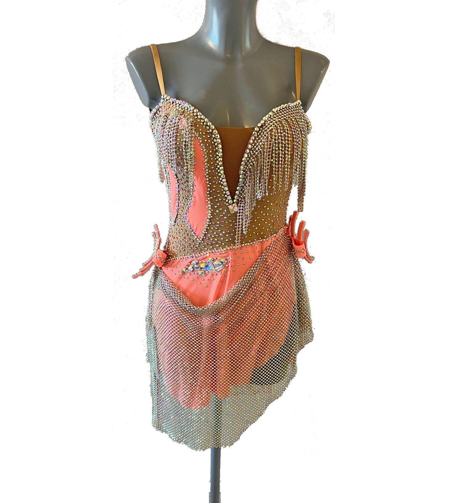 Coral and crystal mesh Latin dance dress