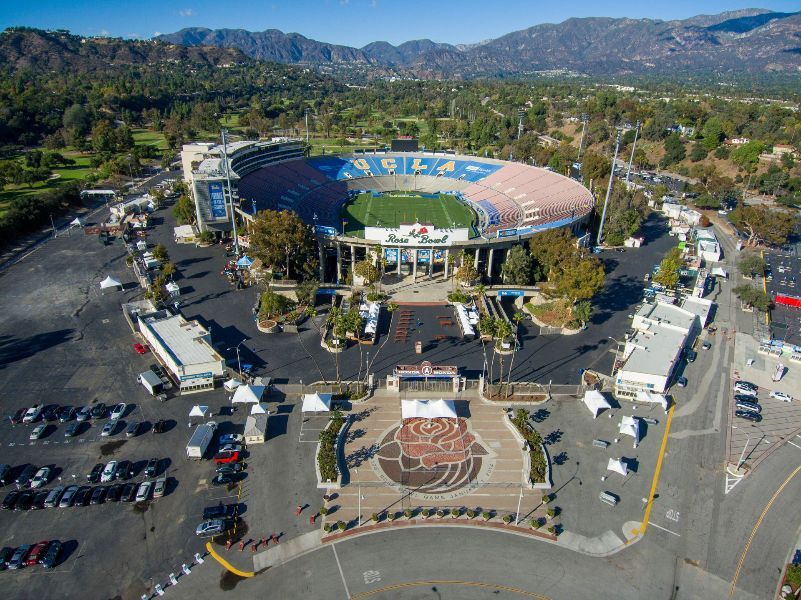 an aerial view of dodgers stadium with mountains in the background
