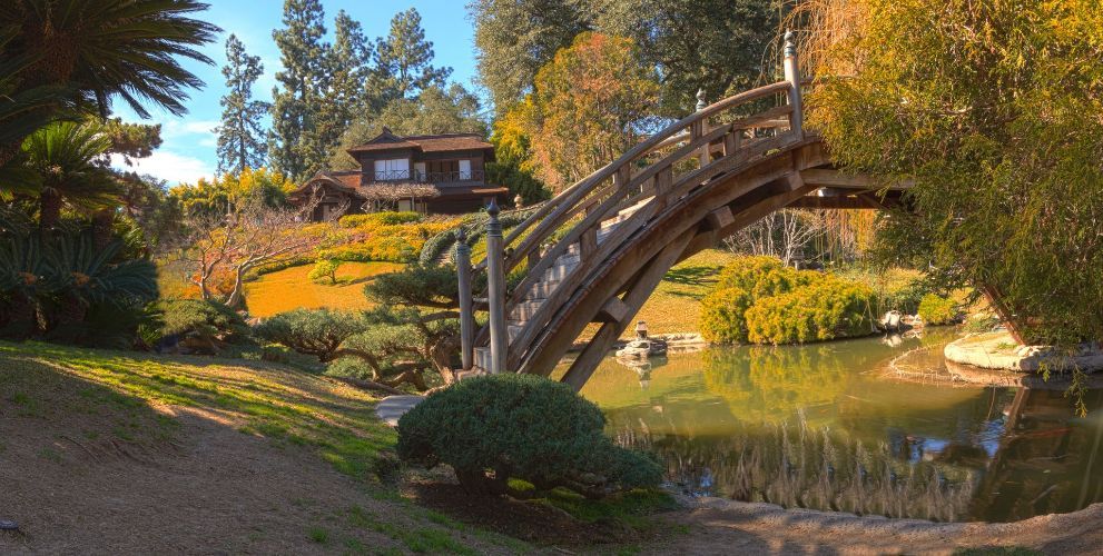 A wooden bridge over a pond in a park with a house in the background.