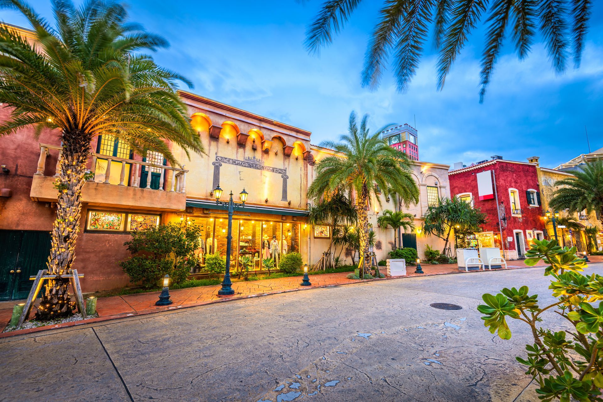 A row of buildings with palm trees in front of them.