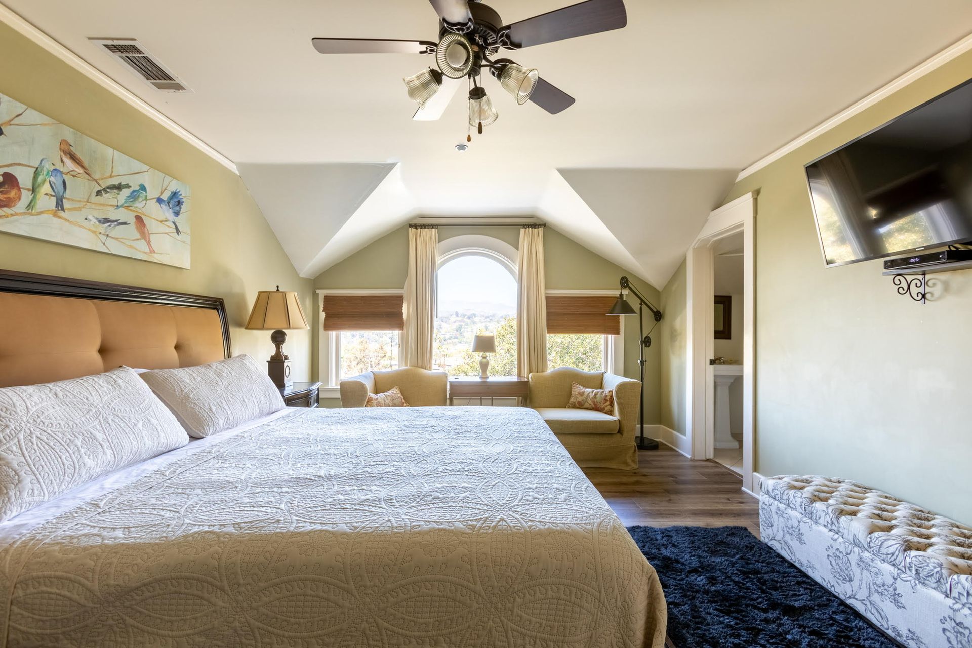 A bedroom with a king size bed , a ceiling fan , and a flat screen tv.