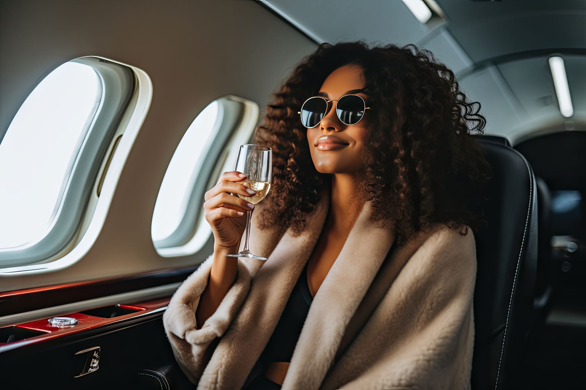 A woman is sitting on an airplane holding a glass of wine.