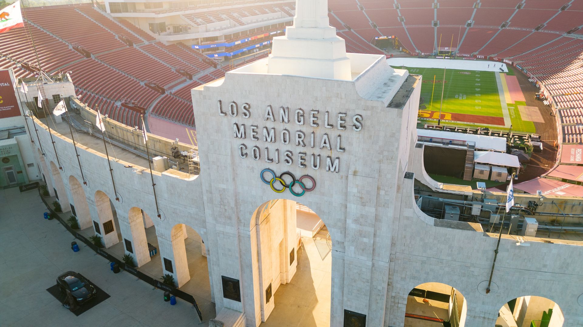 An aerial view of the los angeles olympic stadium