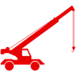 A red truck with a crane attached to it.