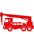 A red construction crane is lifting a piece of wood.