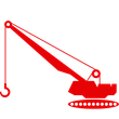 A red icon of a crane hook on a white background.