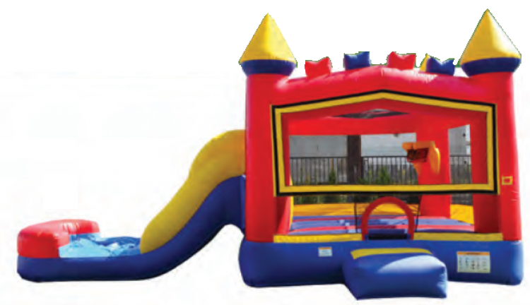 A red , yellow and blue bouncy house with a water slide attached to it.