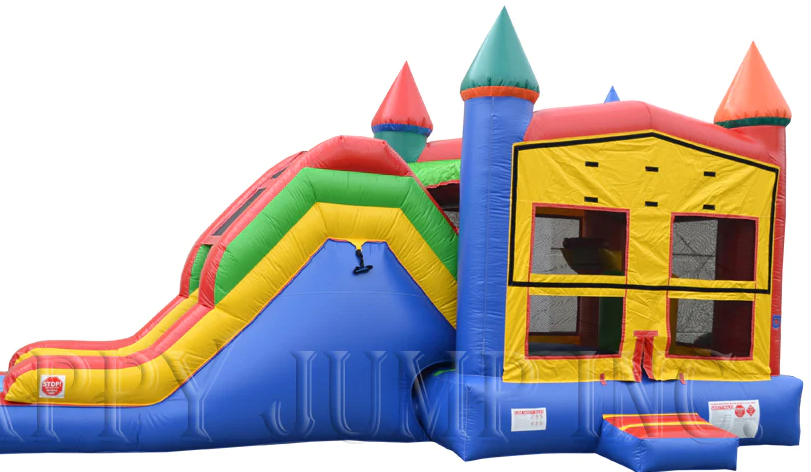 A colorful bouncy house with a slide attached to it.