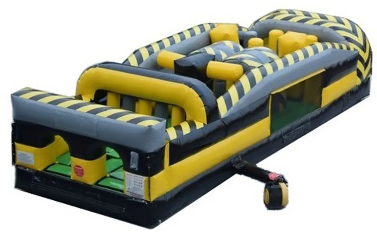 A yellow and gray 7-element Full Throttle inflatable obstacle course on a white background