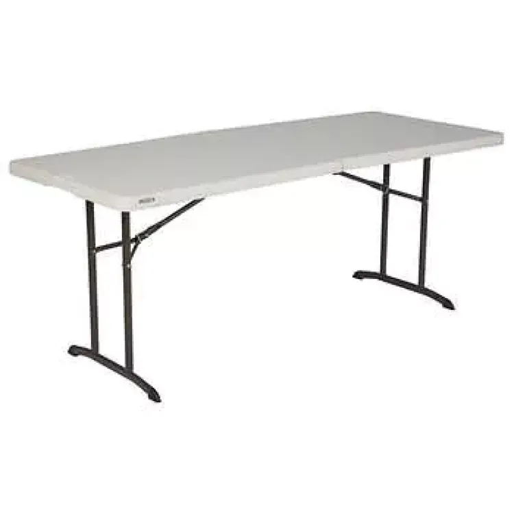 A white folding table with black legs on a white background.
