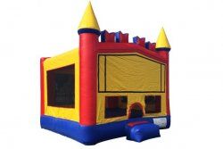 A red , yellow and blue bouncy castle on a white background.