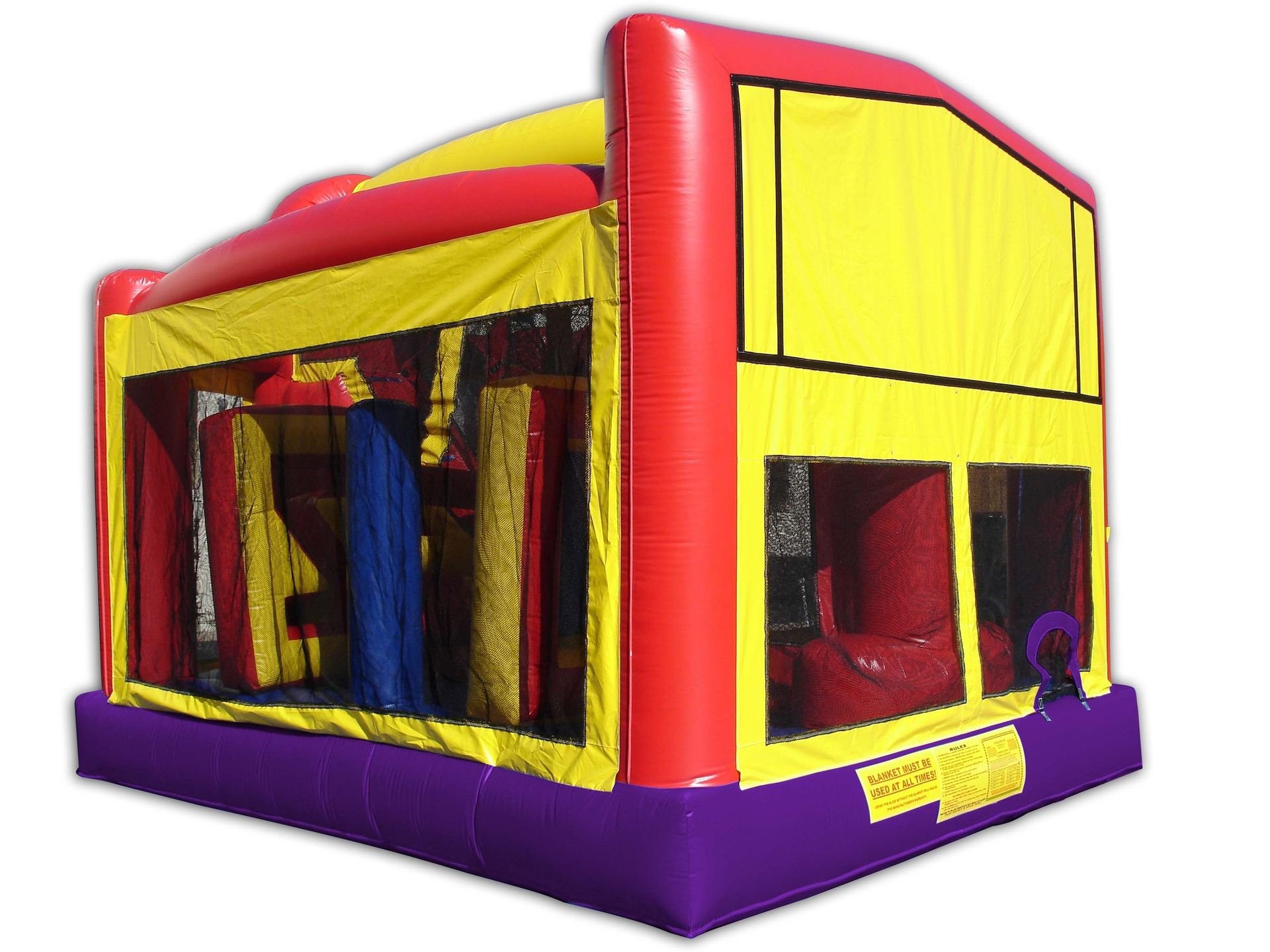 A red , yellow and purple bouncy house on a white background.