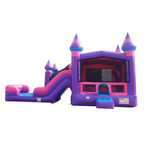 A purple and pink bouncy house with a water slide attached to it.