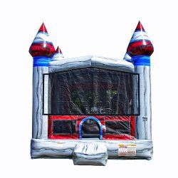 A red , white and blue bouncy house on a white background.