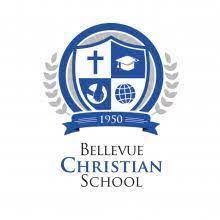 The bellevue christian school logo is a shield with a cross , graduation cap , and globe.