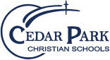 The logo for cedar park christian schools is blue and white.