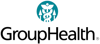 A group health logo with a caduceus in a blue circle.