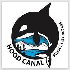 The logo for hood canal school district 404 is a killer whale with mountains in the background.