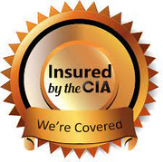 A gold seal that says `` insured by the cia we 're covered ''.