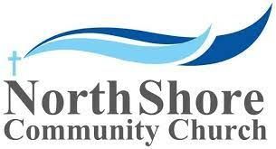 The north shore community church logo has a blue wave and a cross.