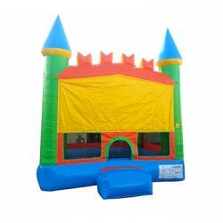 A colorful bouncy house in the shape of a castle on a white background.
