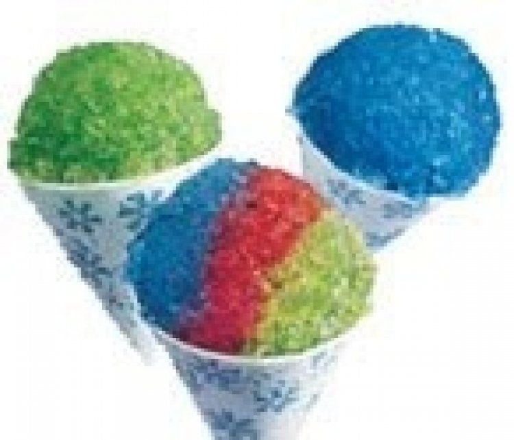 Three cups of shaved ice with different flavors on a white background.