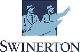 The logo for swinerton shows two men holding a blueprint and pointing.