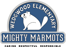 A logo for wedgwood elementary mighty marmots caring respectful responsible