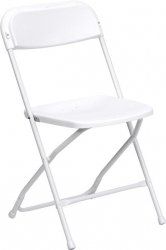 A white folding chair with a white seat and back on a white background.
