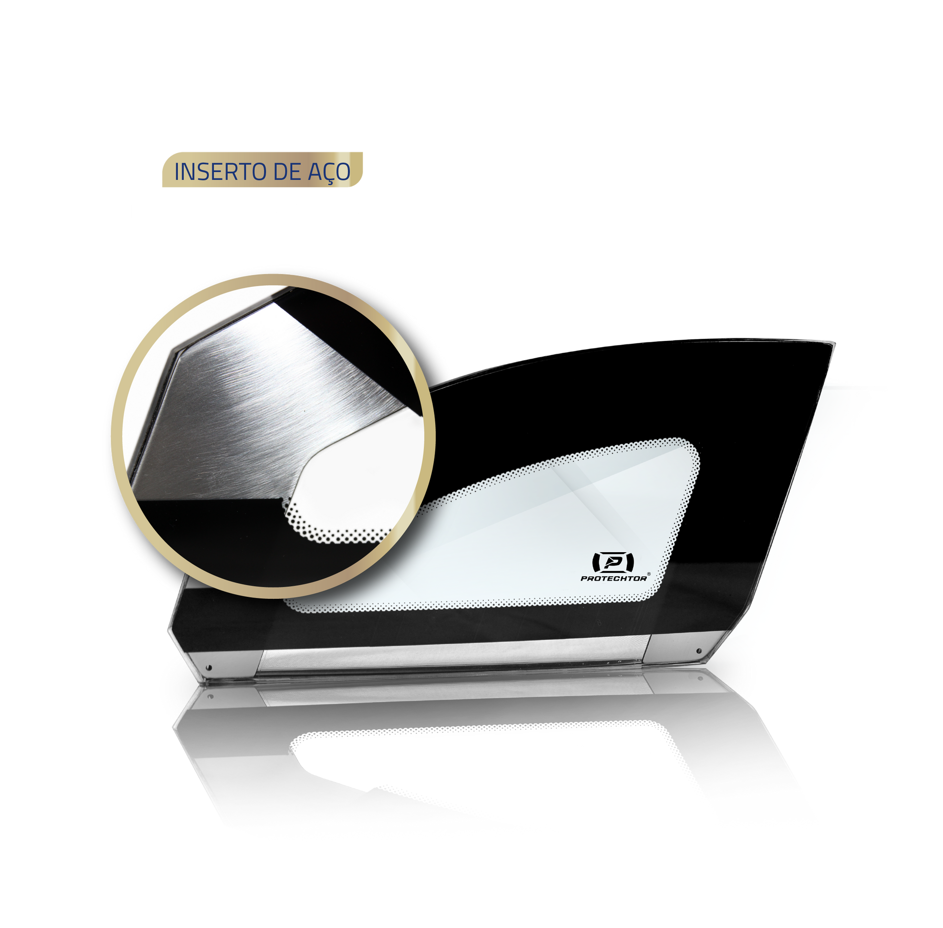 Janela lateral de carro com detalhe em aço. Moldura preta, vidro transparente.