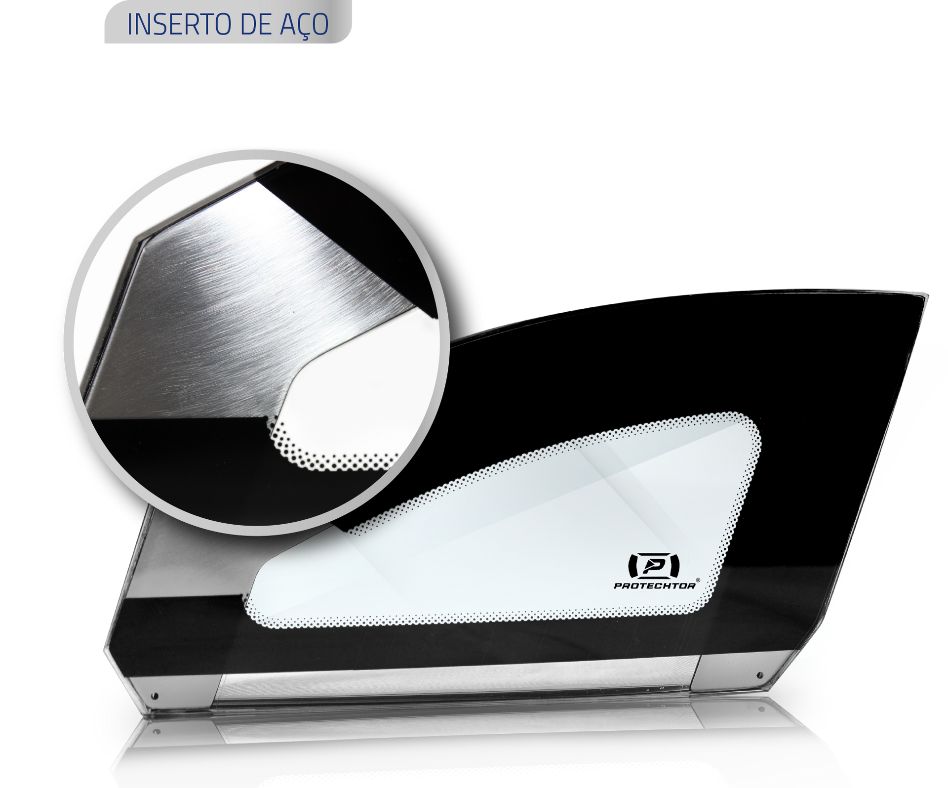 Janela lateral com moldura preta e canto metálico ampliado.