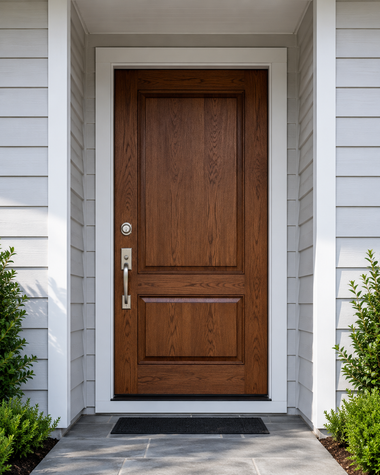 Wooden front door with silver handle, framed by white siding and shrubs at an entryway