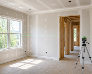 Bright unfinished room with drywall, large window, and a tripod near the doorway