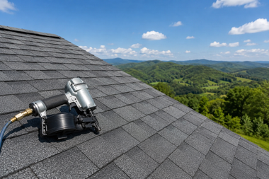 Roof-mounted survey equipment on a shingled rooftop with green hills and blue sky in the background