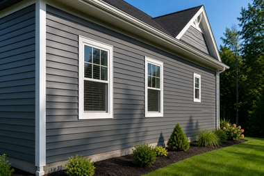 Gray house siding with white-trimmed windows and a green lawn beside a tree-lined yard