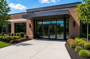 Brick office entrance with glass doors, concrete walkway, and landscaped shrubs under a blue sky