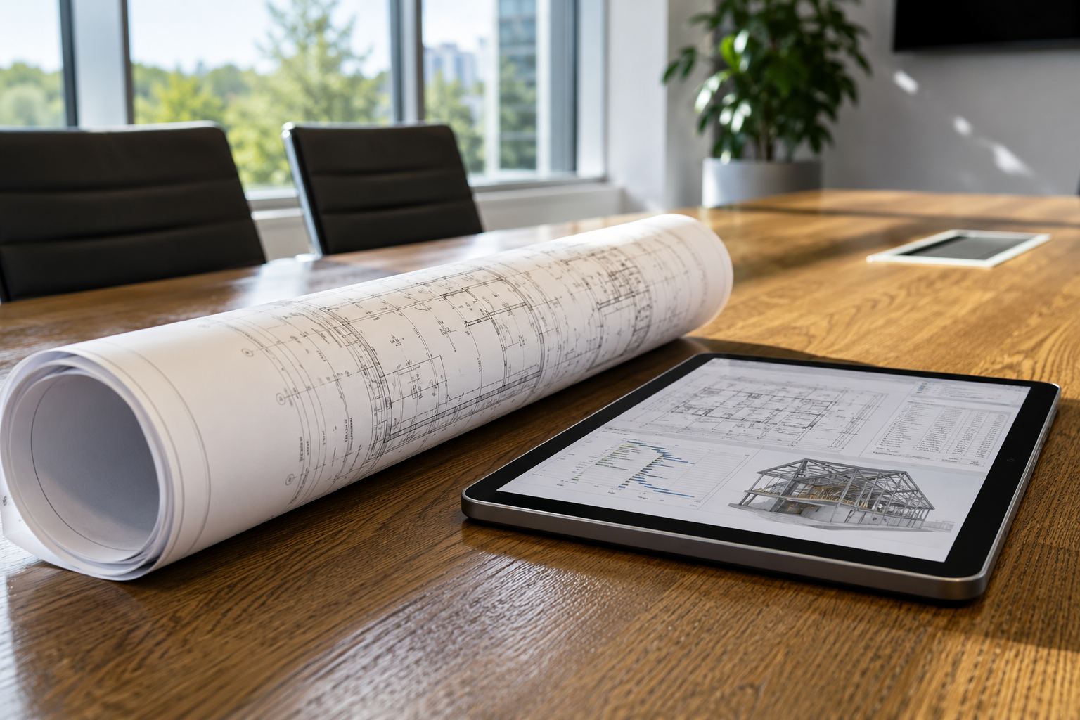 Architectural blueprints rolled on a wooden table beside a tablet in a bright office