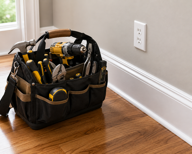 Tool bag with hand tools on a hardwood floor beside a wall outlet and baseboard.