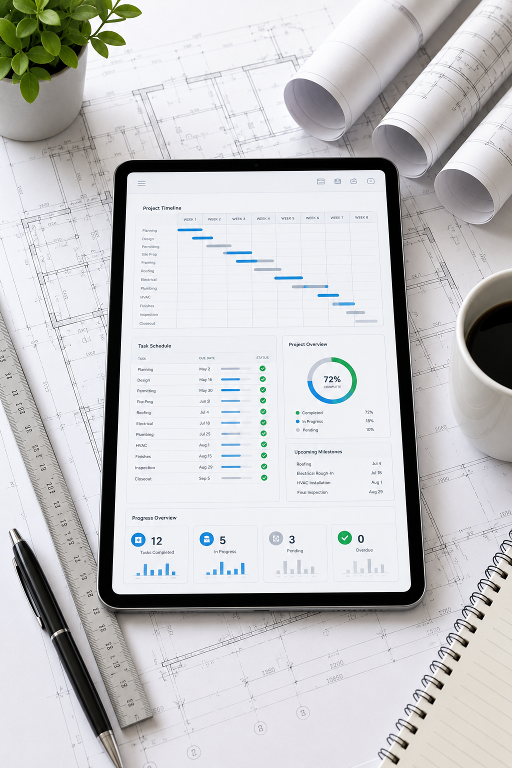 Tablet displaying analytics dashboard on a desk with notebooks, pens, and rolled plans.