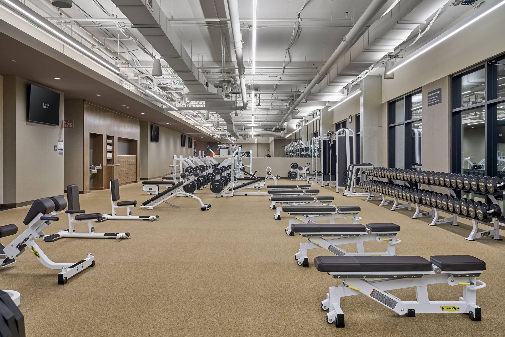 A well-equipped gym with weight machines, dumbbells, and benches, illuminated by overhead lighting.