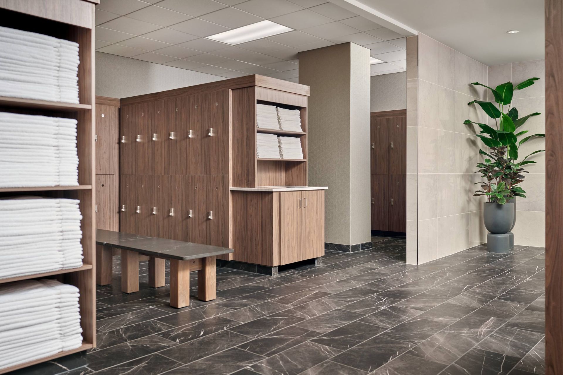 Locker room with dark wooden lockers, a bench, and a potted plant on a tiled floor.