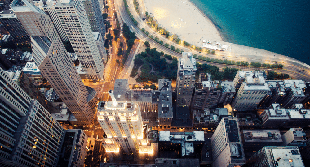 A drone shot of the tall buildings in Chicago.