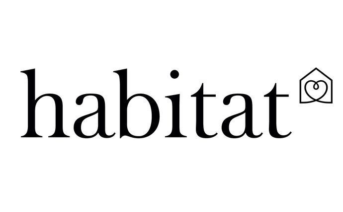 A black and white logo for habitat with a house on it.
