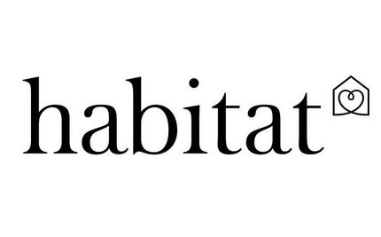A black and white logo for habitat with a house on it.